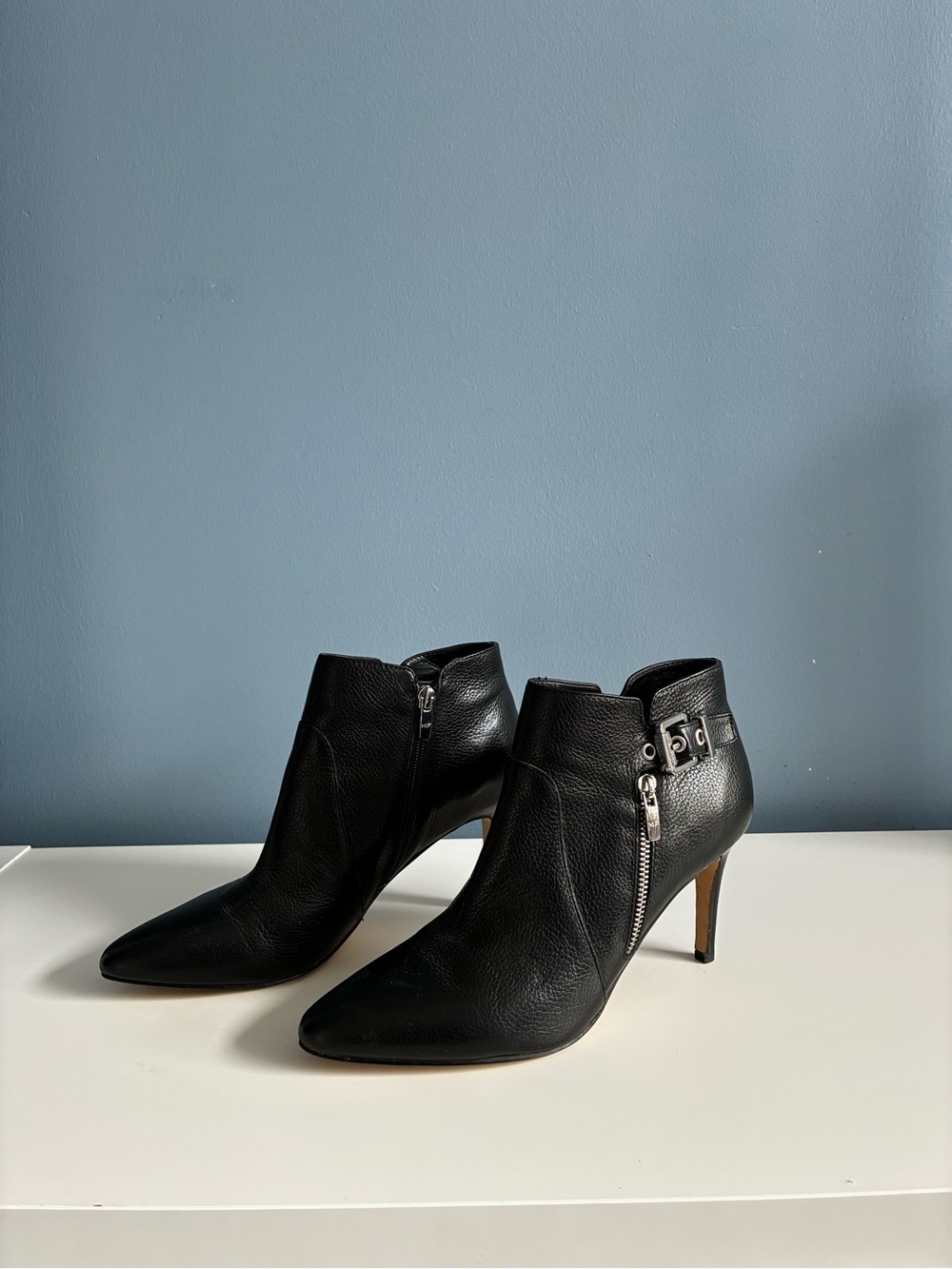 Marc Fisher Black Leather Pointed Toe Ankle Booties with Side Zip & Buckle